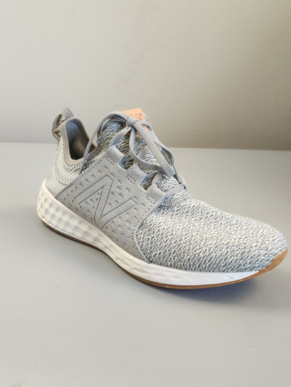 New Balance Men's Grey Knit Sneaker with Tan Tongue Tab